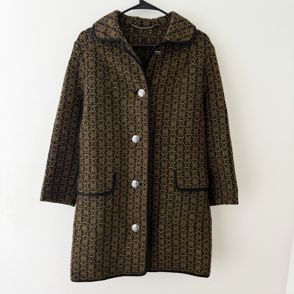 Vintage Wool Tapestry Coat Womens M/L Austrian Handmade Jacquard Alpine Crest